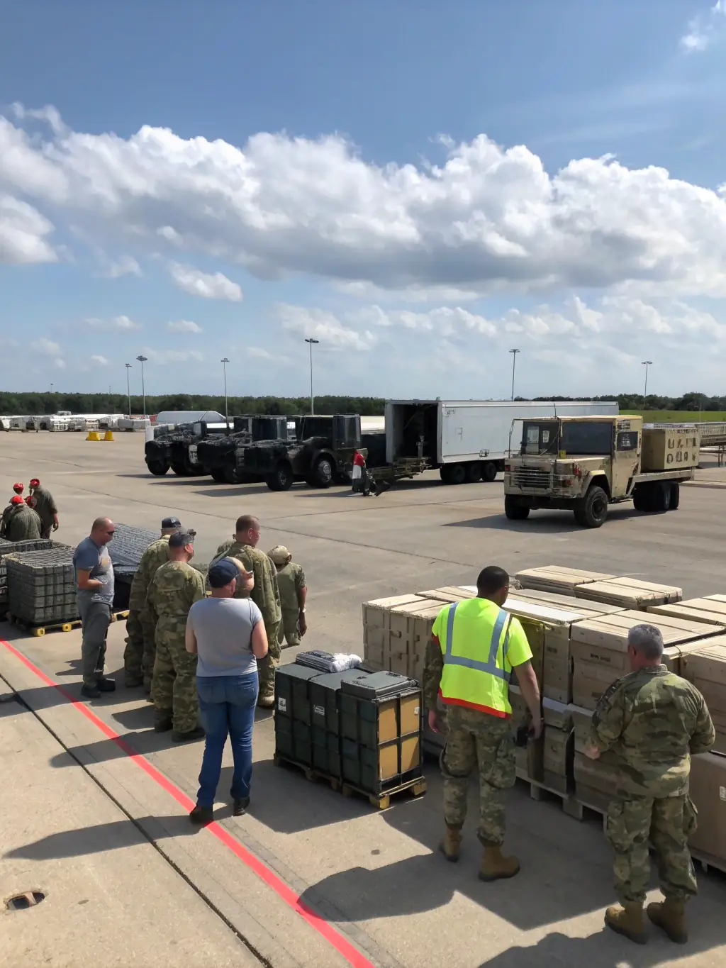 An image depicting a team of logistics professionals coordinating supplies and personnel in a military base, showcasing Gold State Union's logistical support capabilities.