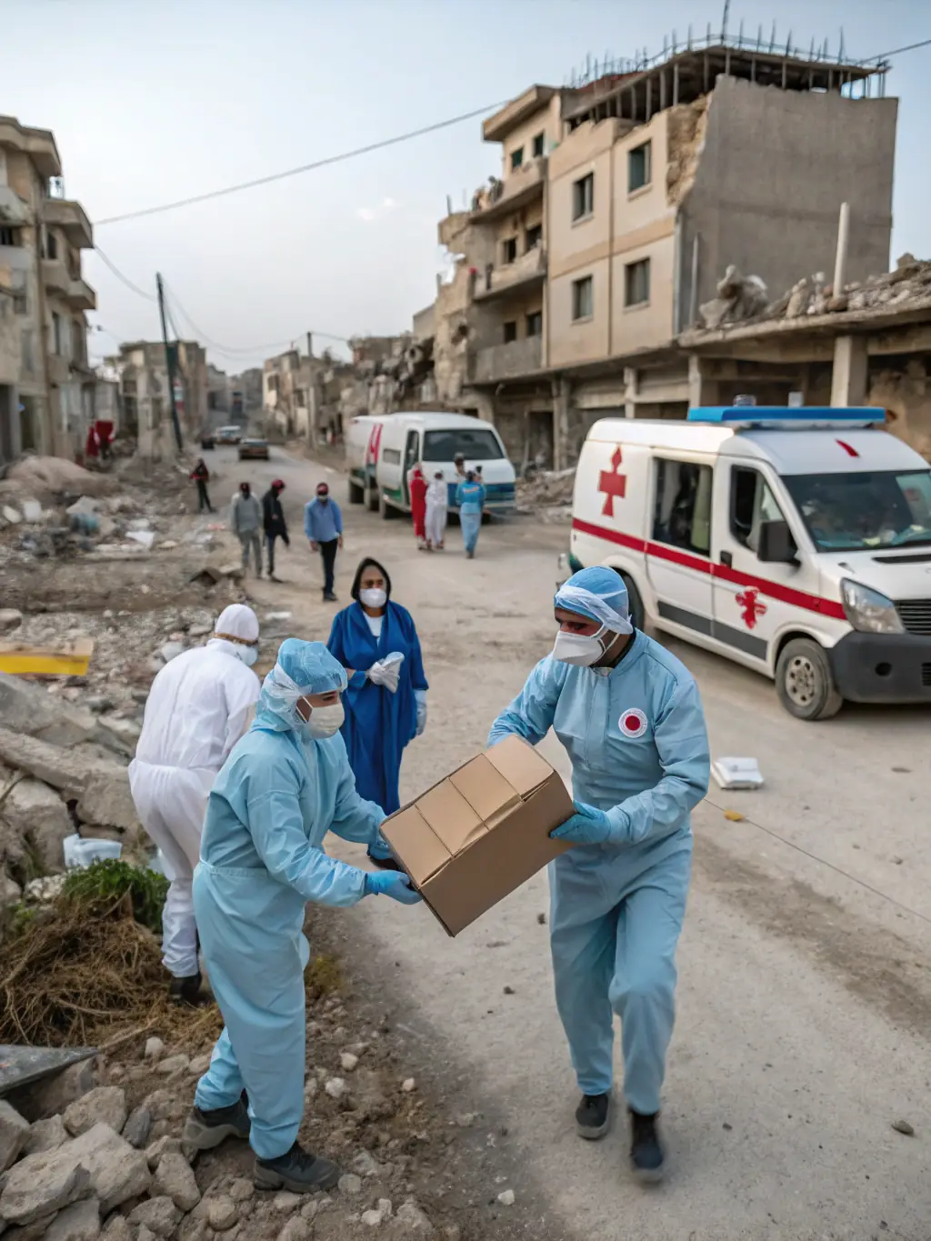 An image of a disaster relief team providing aid and support in a disaster-stricken area, showcasing Gold State Union's disaster relief capabilities.